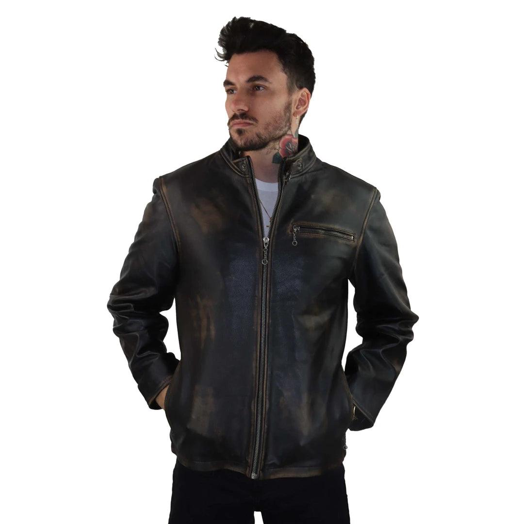 Mens Classic Nehru Real Leather Jacket Black Brown Vintage Zipped Classic - Knighthood Store