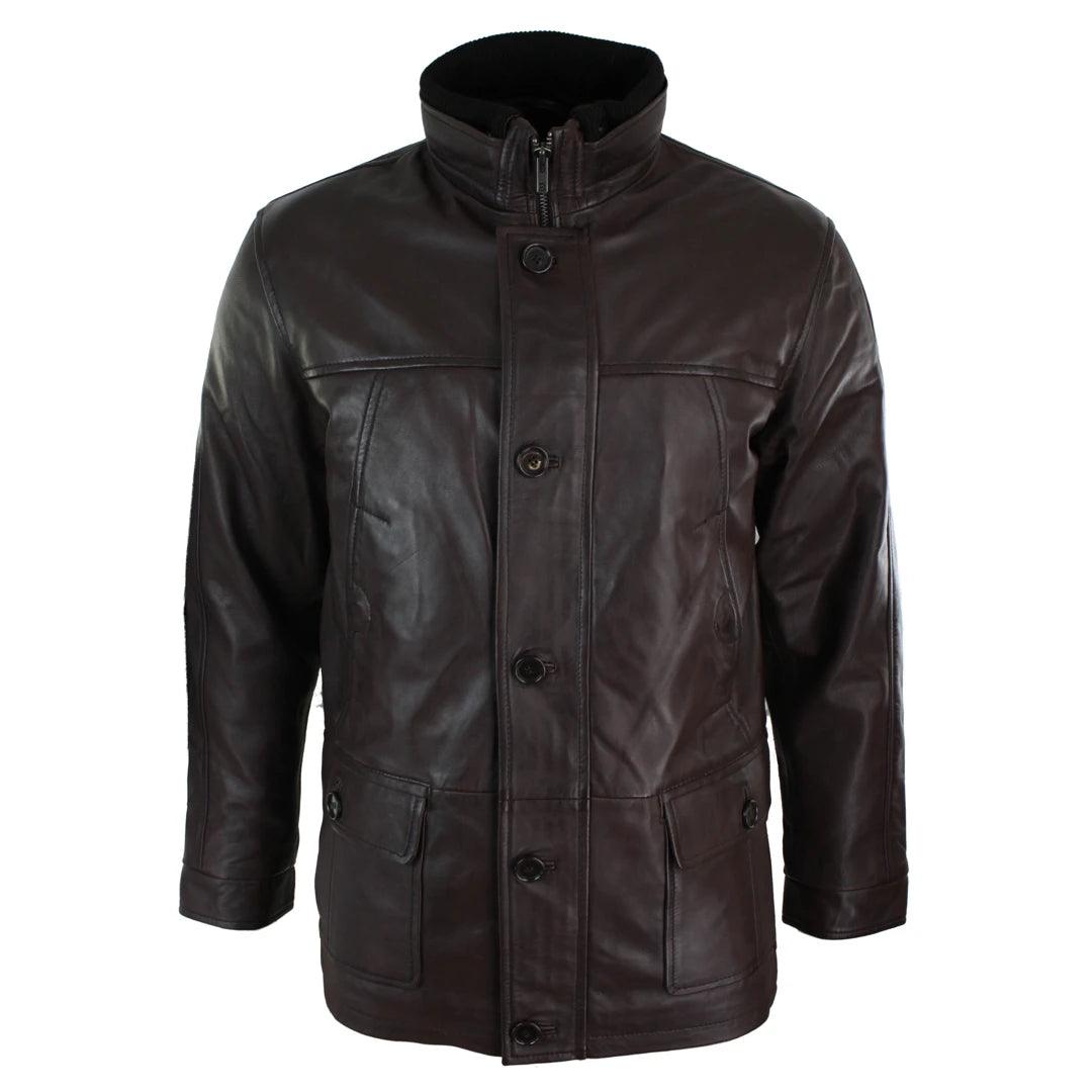 Mens Slim Fit Real Leather Safari Military Army Hunting Jacket Black Brown - Knighthood Store