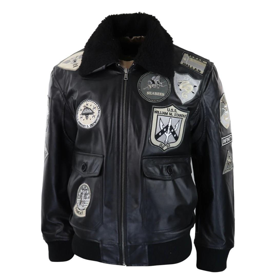 Mens Full Black Grey Topgun Maverick Jacket Pilot Bomber US Badges Black Fur Tom Cat - Knighthood Store