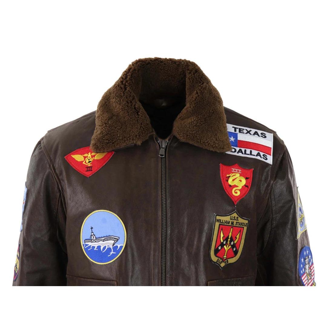 Mens Brown Aviator Top Gun Jacket Vintage Classic Washed Fur Collar Pilot Bomber - Knighthood Store