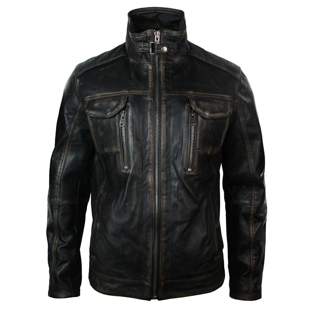 Mens Retro Vintage Distressed Jacket Real Washed Leather Brown Black Rub Off - Knighthood Store