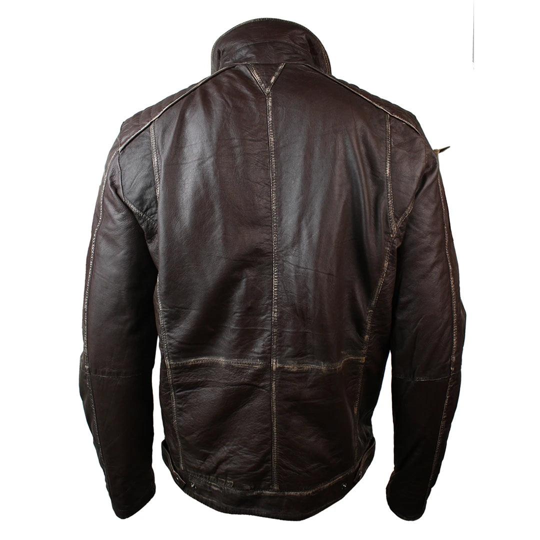Mens Retro Vintage Distressed Jacket Real Washed Leather Brown Black Rub Off - Knighthood Store
