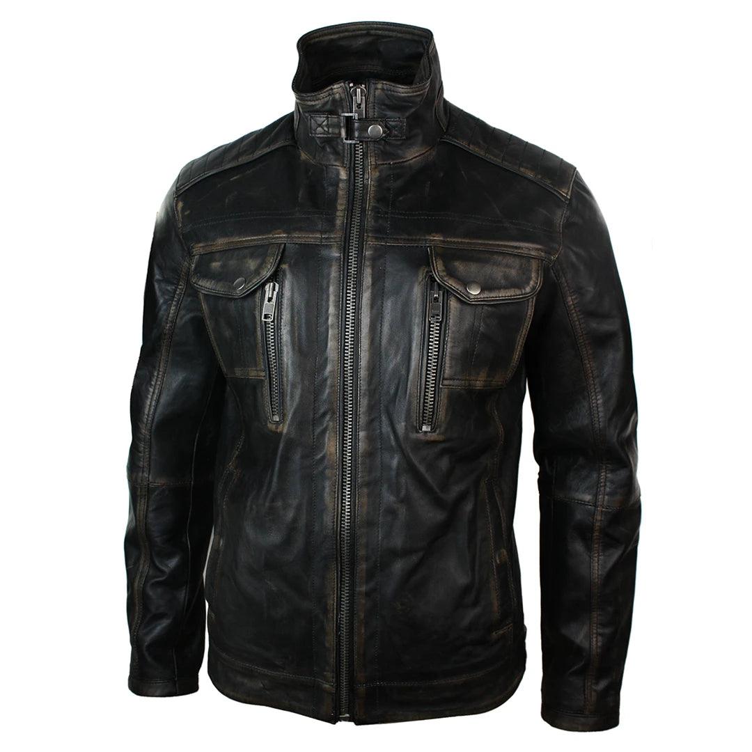 Mens Retro Vintage Distressed Jacket Real Washed Leather Brown Black Rub Off - Knighthood Store