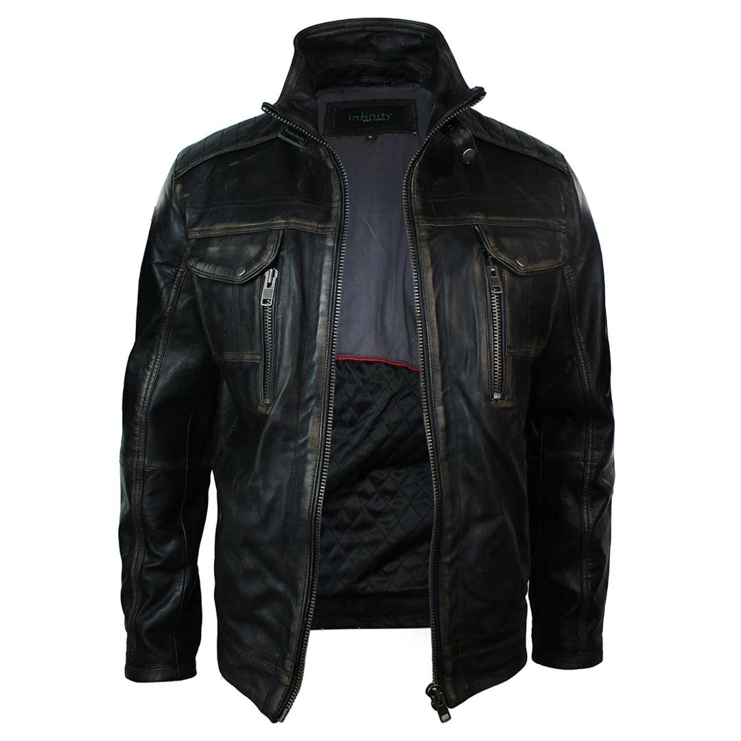 Mens Retro Vintage Distressed Jacket Real Washed Leather Brown Black Rub Off - Knighthood Store