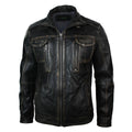 Mens Retro Vintage Distressed Jacket Real Washed Leather Brown Black Rub Off - Knighthood Store