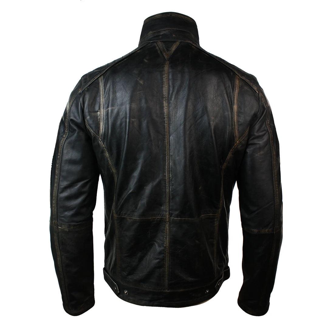 Mens Retro Vintage Distressed Jacket Real Washed Leather Brown Black Rub Off - Knighthood Store