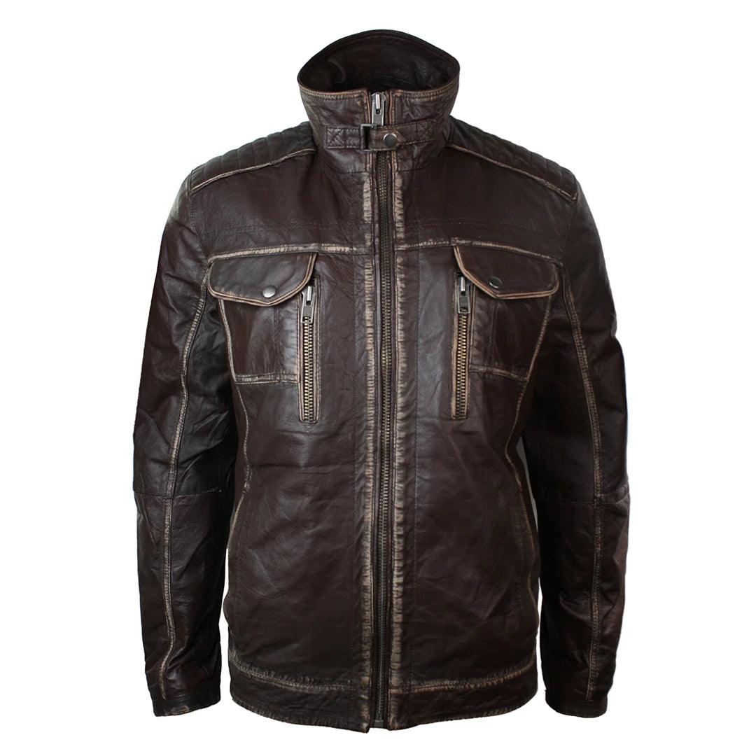Mens Retro Vintage Distressed Jacket Real Washed Leather Brown Black Rub Off - Knighthood Store