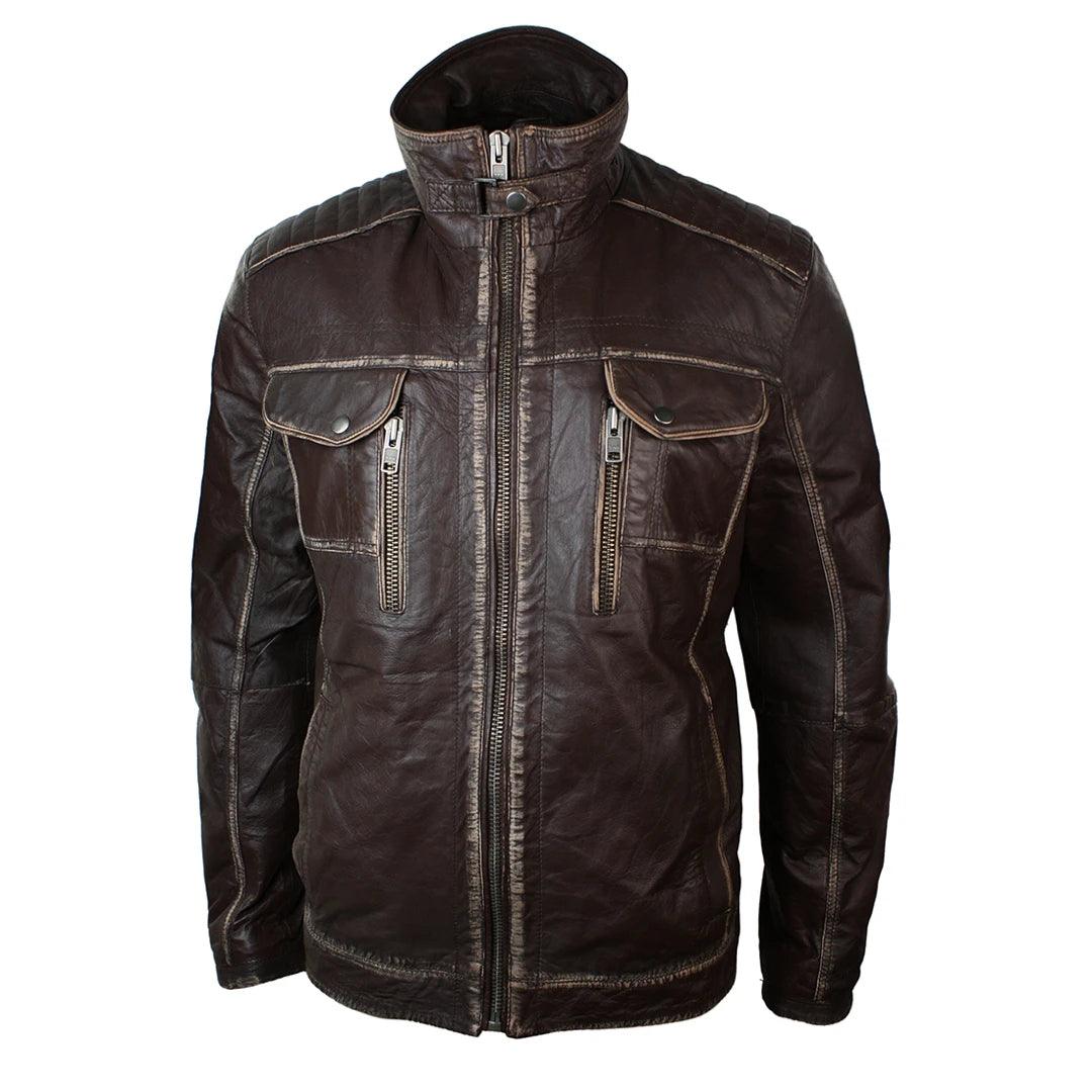 Mens Retro Vintage Distressed Jacket Real Washed Leather Brown Black Rub Off - Knighthood Store