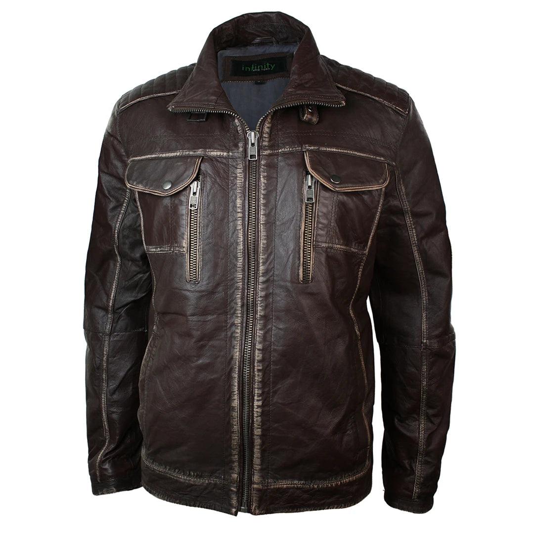 Mens Retro Vintage Distressed Jacket Real Washed Leather Brown Black Rub Off - Knighthood Store