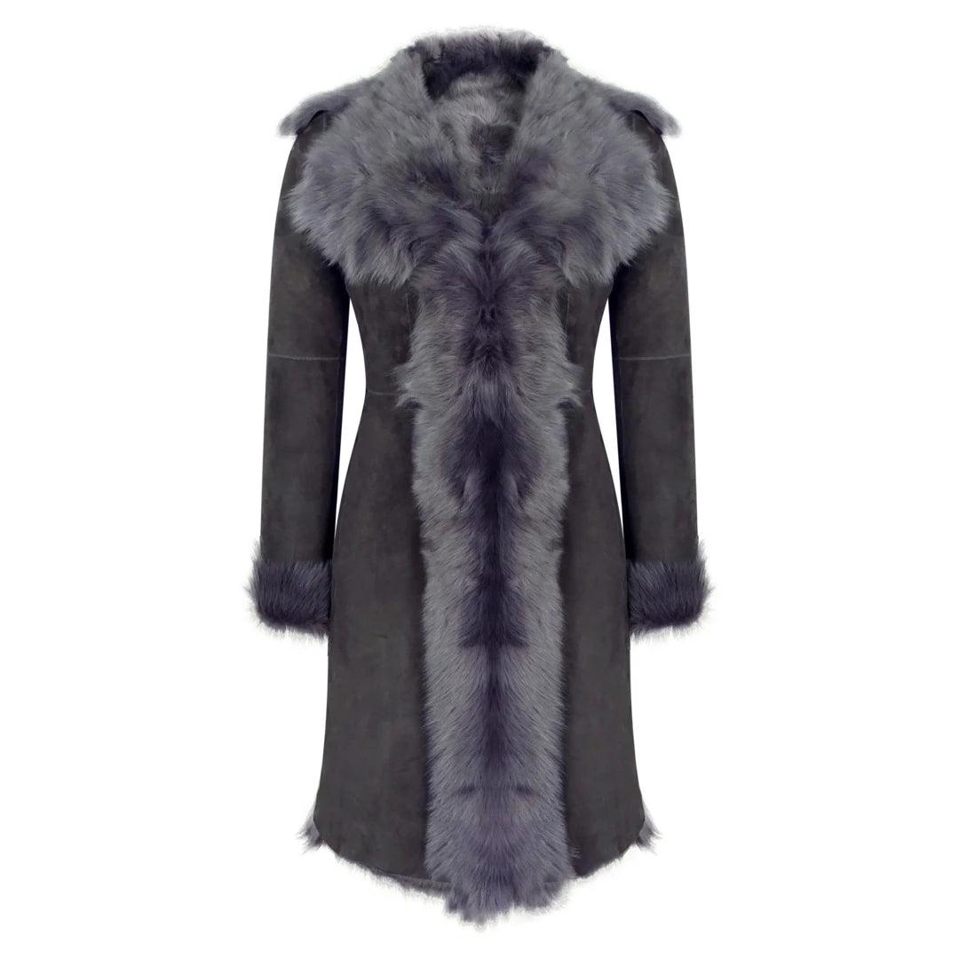 Black Grey 3/4 Length Ladies Suede Real Toscana Sheepskin Coat Tailored Fit - Knighthood Store