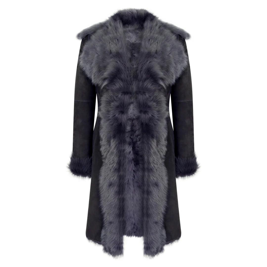 Black Grey 3/4 Length Ladies Suede Real Toscana Sheepskin Coat Tailored Fit - Knighthood Store