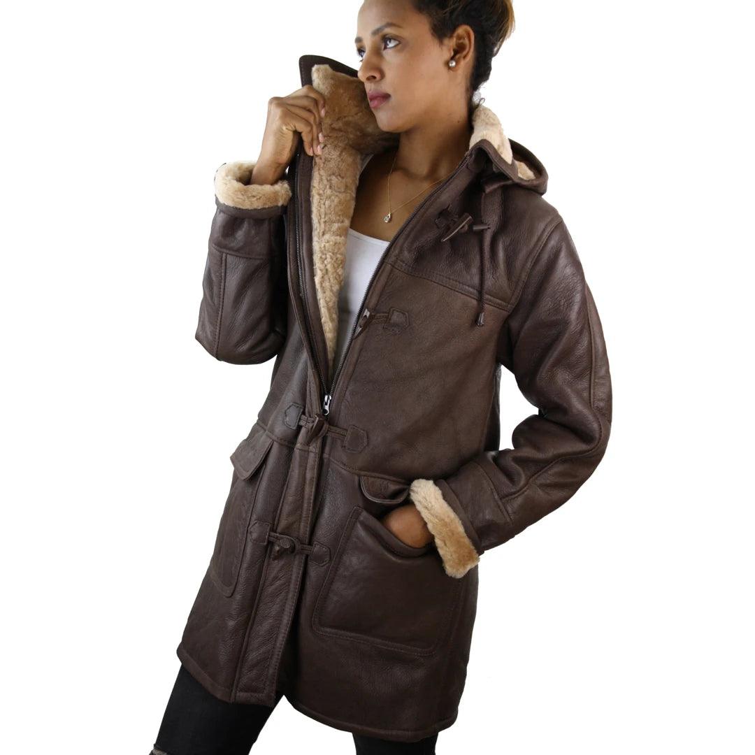 Ladies Real SHEEPSKIN Leather Coat Brown Beige FUR Womens Flying Jacket - Knighthood Store