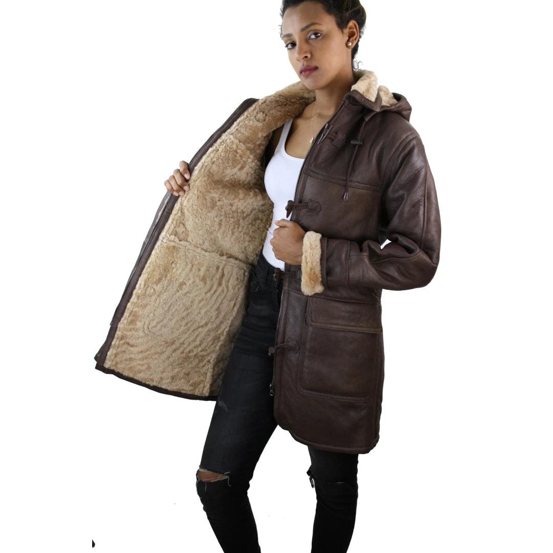 Ladies Real SHEEPSKIN Leather Coat Brown Beige FUR Womens Flying Jacket - Knighthood Store