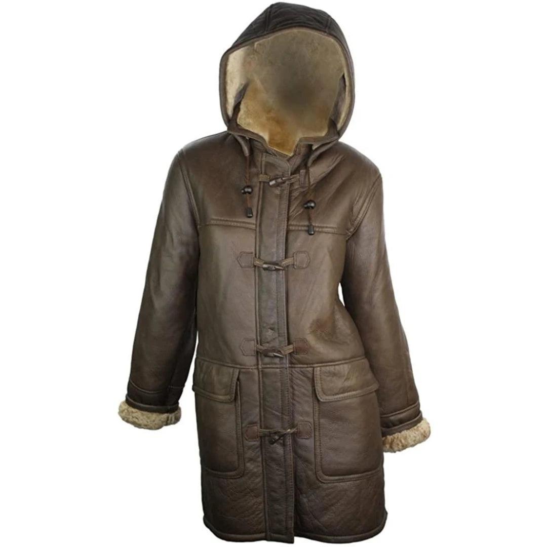 Ladies Luxury 100% Vintage Winter Sheepskin Leather Duffle Jacket Brown Ginger - Knighthood Store