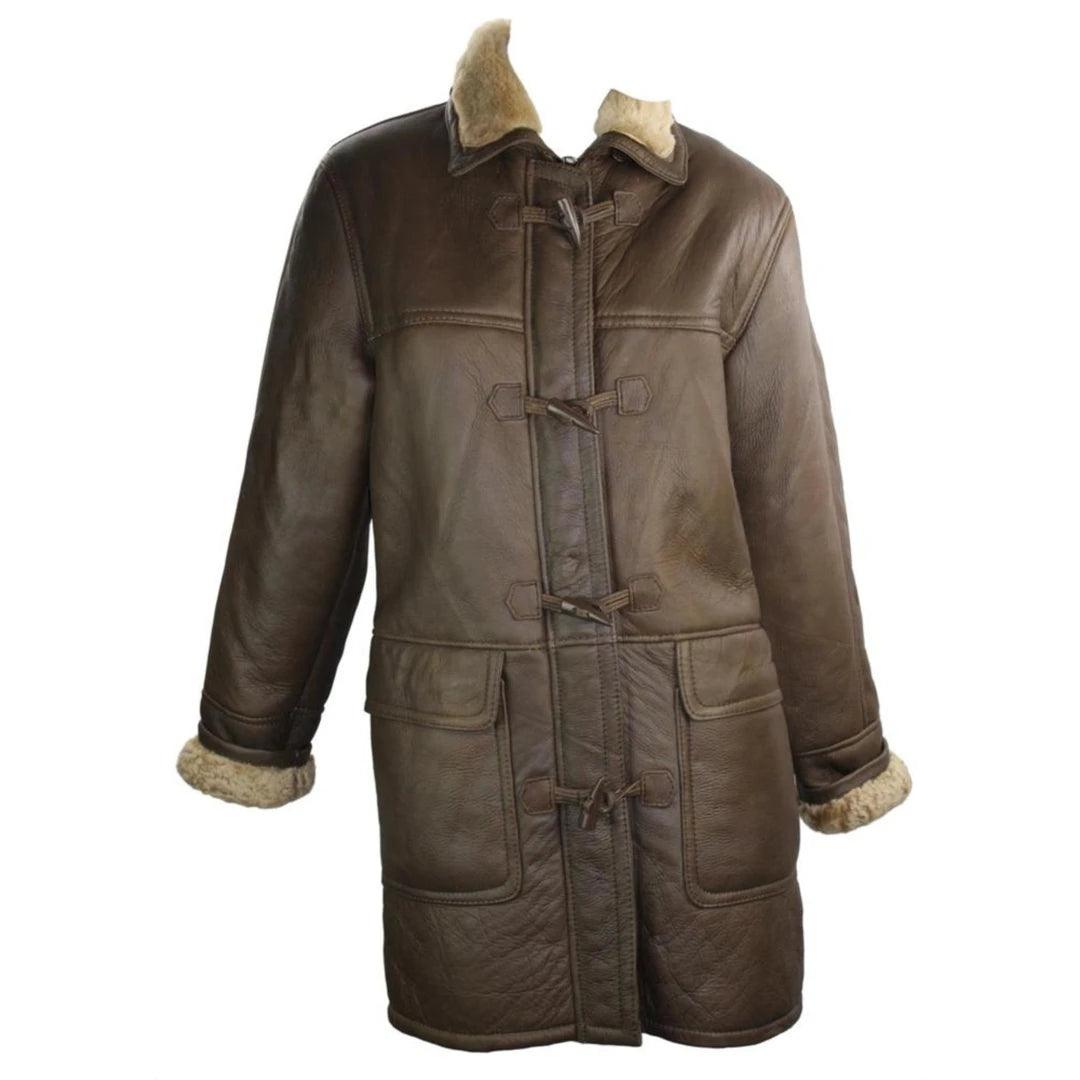 Ladies Luxury 100% Vintage Winter Sheepskin Leather Duffle Jacket Brown Ginger - Knighthood Store