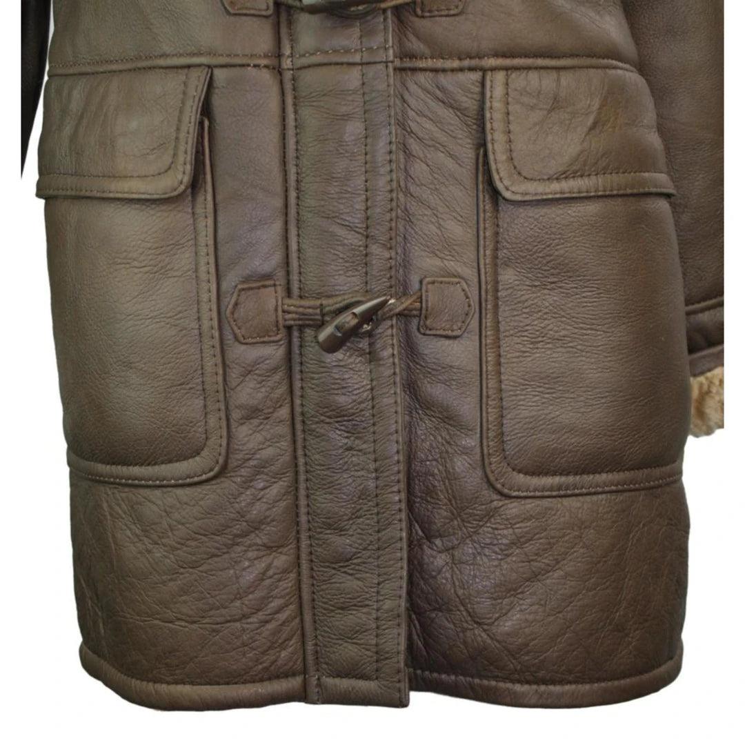 Ladies Luxury 100% Vintage Winter Sheepskin Leather Duffle Jacket Brown Ginger - Knighthood Store