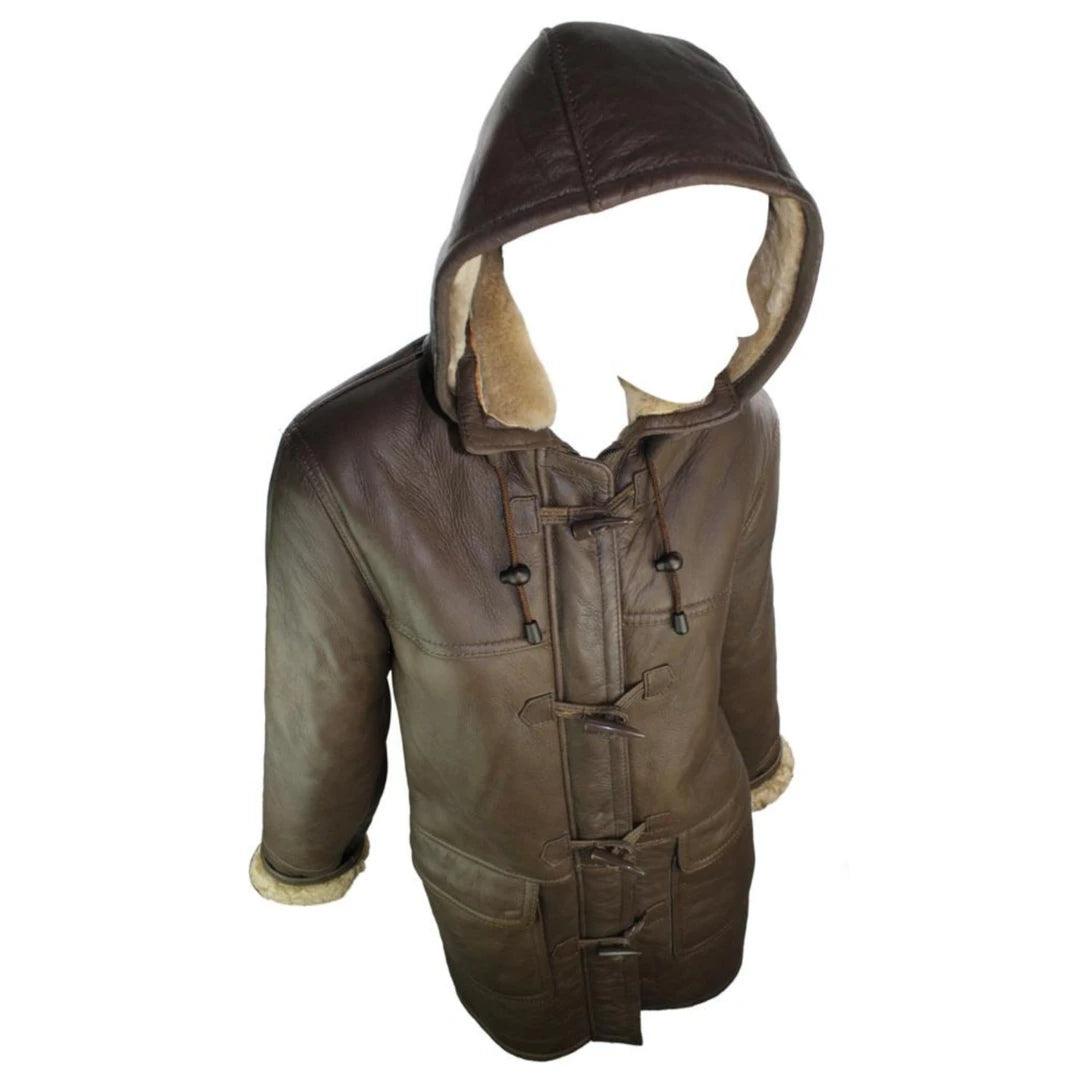 Ladies Luxury 100% Vintage Winter Sheepskin Leather Duffle Jacket Brown Ginger - Knighthood Store