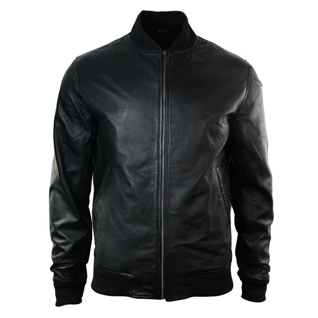 Mens Slim Fit Real Leather Black Varsity Bomber Jacket Classic Retro Black Brown - Knighthood Store