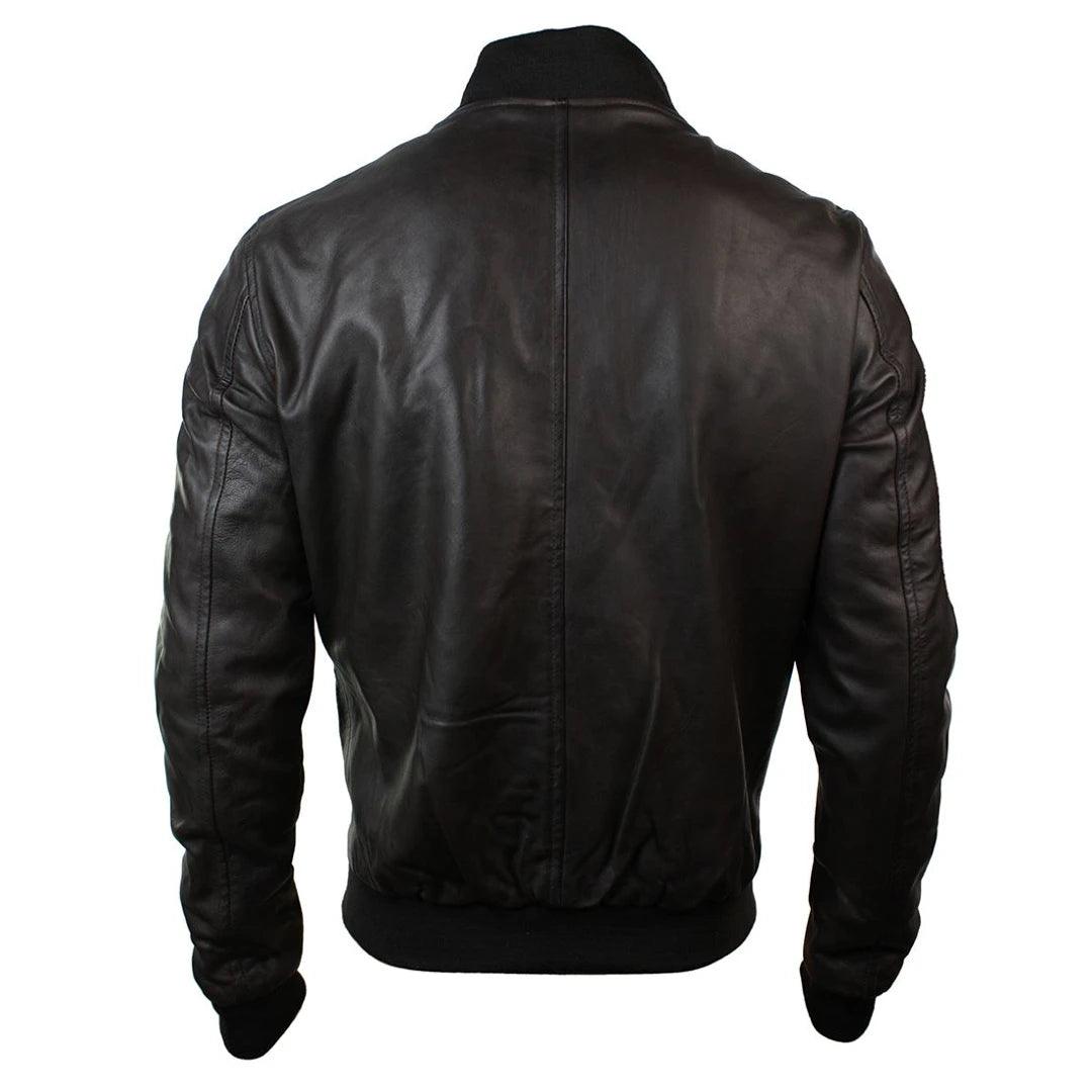 Mens Slim Fit Real Leather Black Varsity Bomber Jacket Classic Retro Black Brown - Knighthood Store