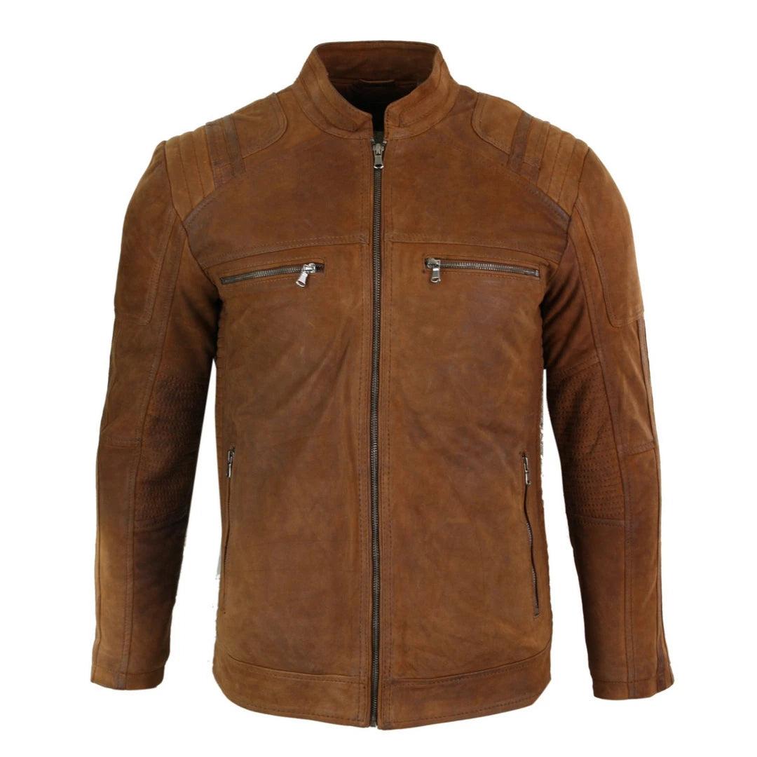 Mens Real Suede Leather Retro Vintage Camel Zip Biker Racing Jacket Washed Nehru Collar - Knighthood Store