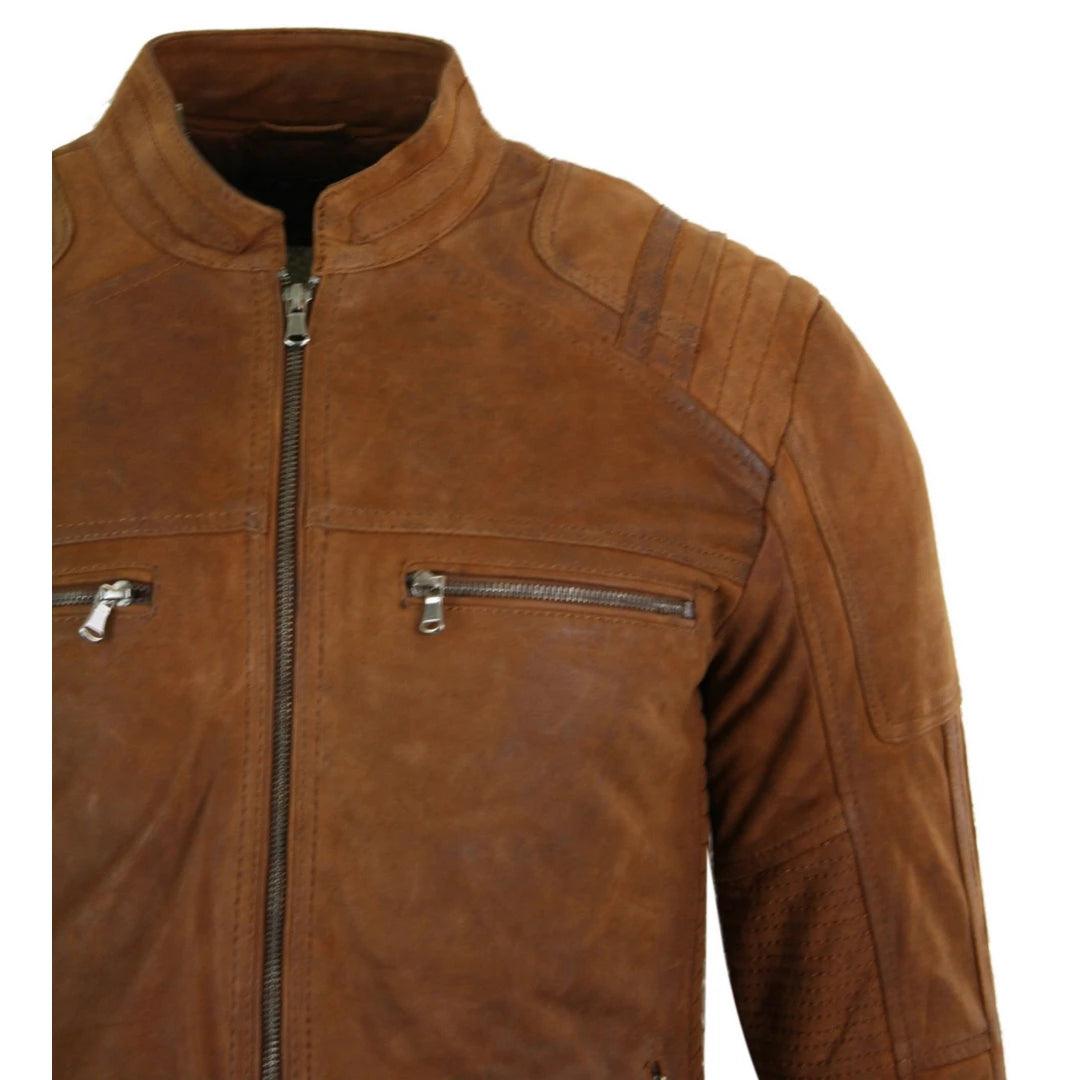 Mens Real Suede Leather Retro Vintage Camel Zip Biker Racing Jacket Washed Nehru Collar - Knighthood Store