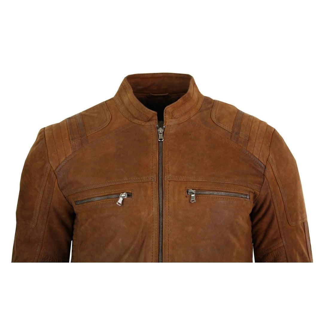 Mens Real Suede Leather Retro Vintage Camel Zip Biker Racing Jacket Washed Nehru Collar - Knighthood Store