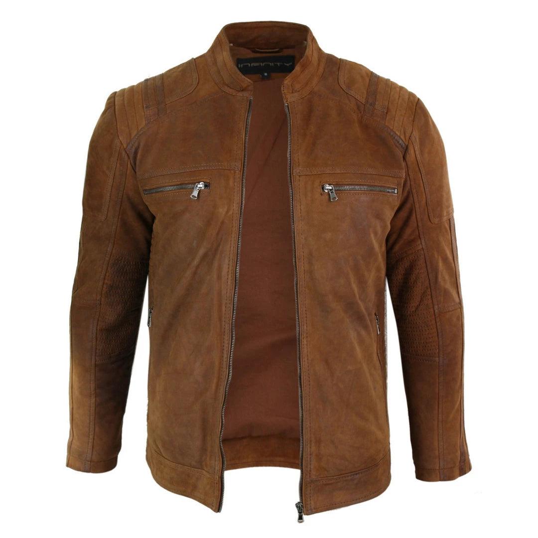 Mens Real Suede Leather Retro Vintage Camel Zip Biker Racing Jacket Washed Nehru Collar - Knighthood Store