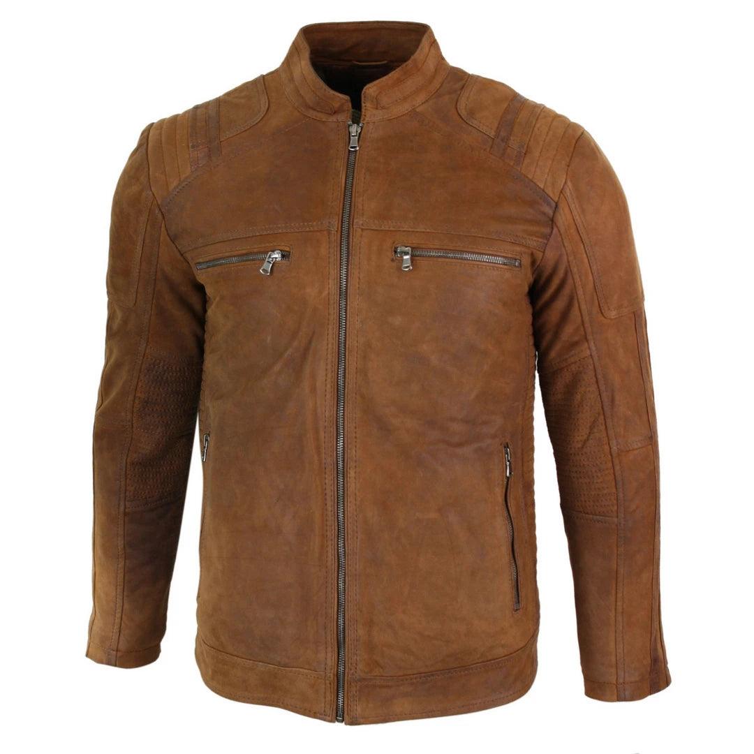 Mens Real Suede Leather Retro Vintage Camel Zip Biker Racing Jacket Washed Nehru Collar - Knighthood Store