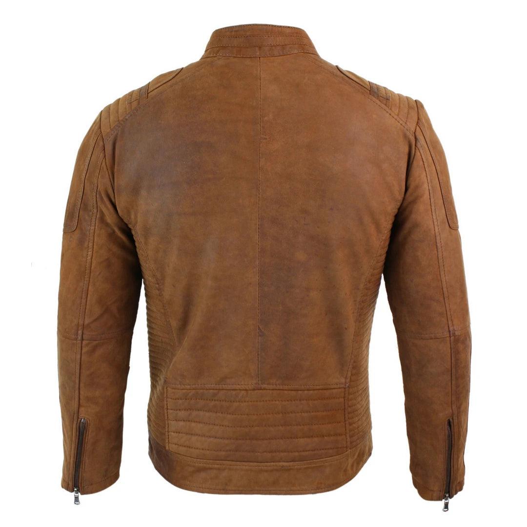Mens Real Suede Leather Retro Vintage Camel Zip Biker Racing Jacket Washed Nehru Collar - Knighthood Store