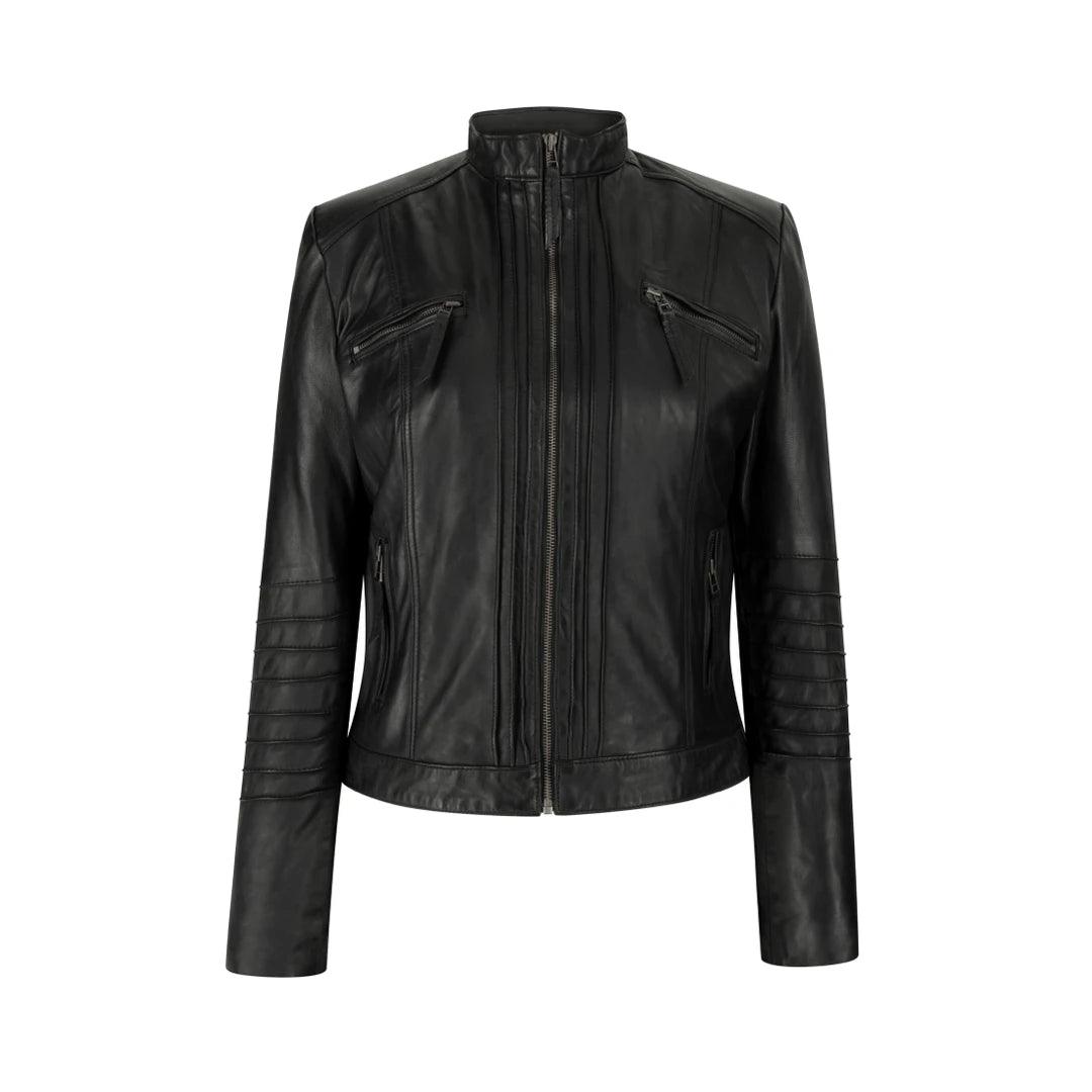 Ladies Biker Jacket Vintage Real Leather Zipped Fit Nehru Collar Japanese Style - Knighthood Store