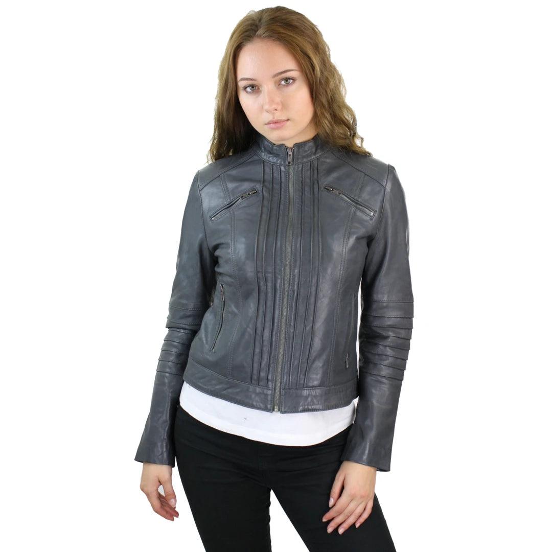 Ladies Biker Jacket Vintage Real Leather Zipped Fit Nehru Collar Japanese Style - Knighthood Store