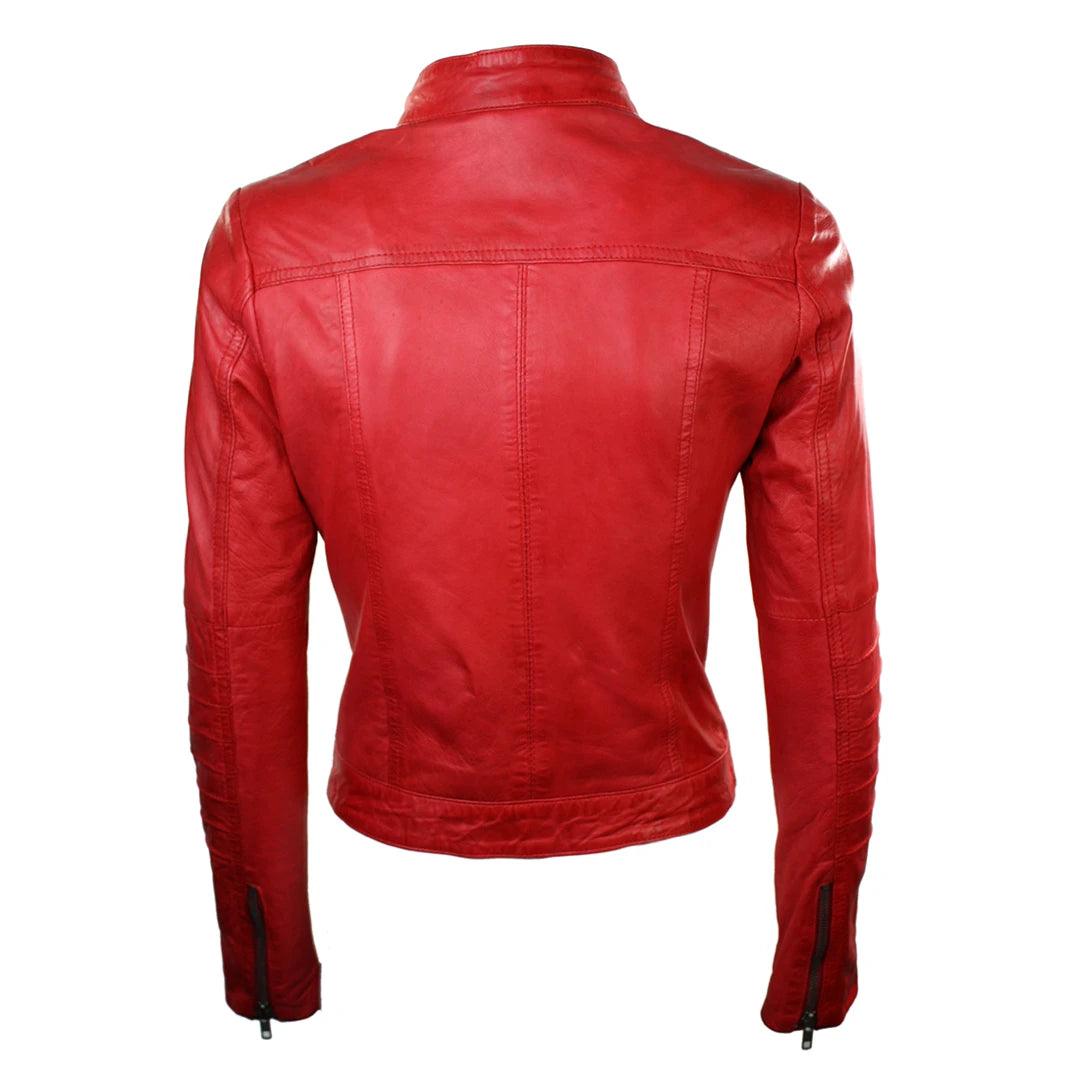 Ladies Biker Jacket Vintage Real Leather Zipped Fit Nehru Collar Japanese Style - Knighthood Store
