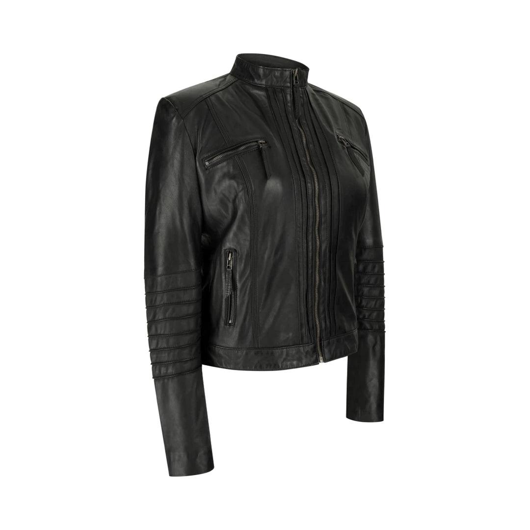 Ladies Biker Jacket Vintage Real Leather Zipped Fit Nehru Collar Japanese Style - Knighthood Store