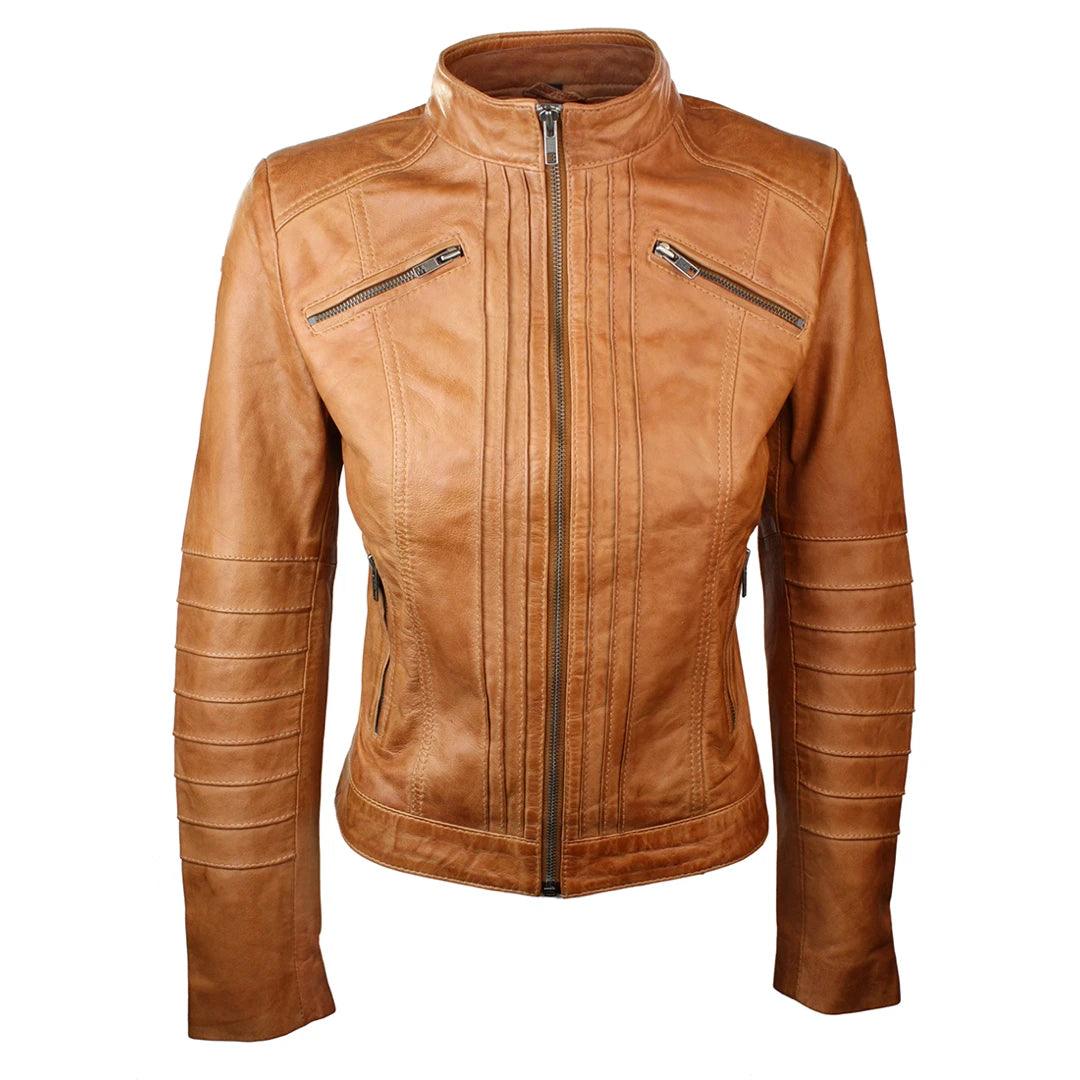 Ladies Biker Jacket Vintage Real Leather Zipped Fit Nehru Collar Japanese Style - Knighthood Store