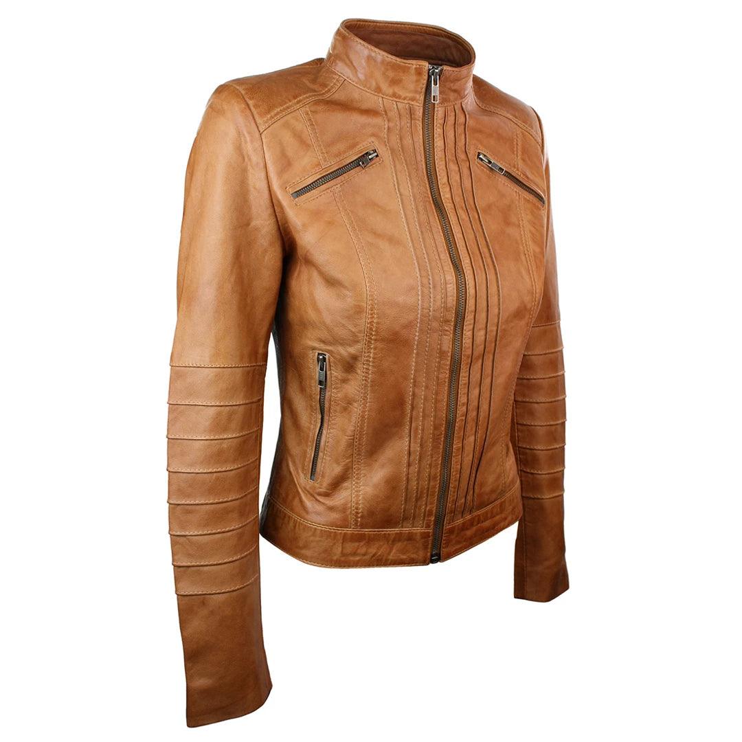 Ladies Biker Jacket Vintage Real Leather Zipped Fit Nehru Collar Japanese Style - Knighthood Store