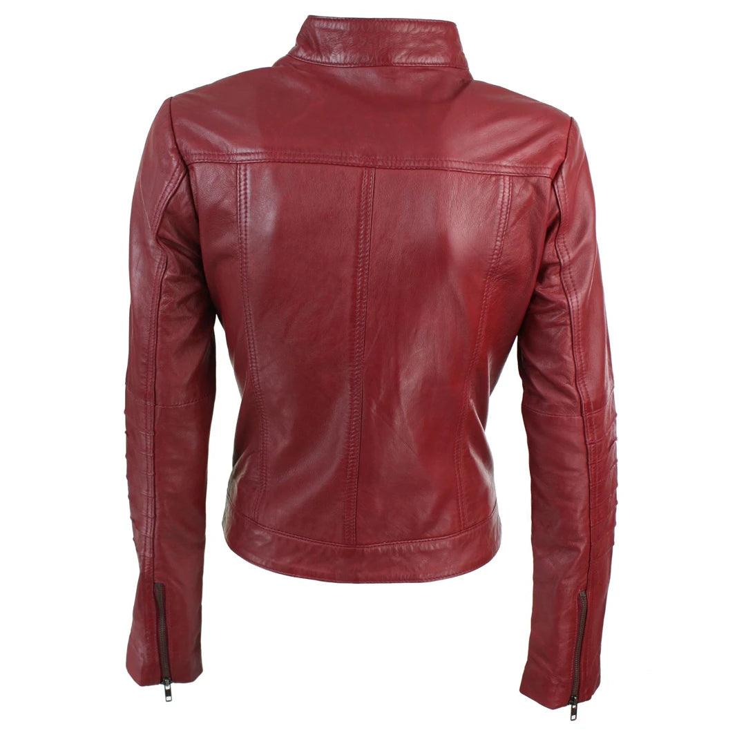 Ladies Biker Jacket Vintage Real Leather Zipped Fit Nehru Collar Japanese Style - Knighthood Store