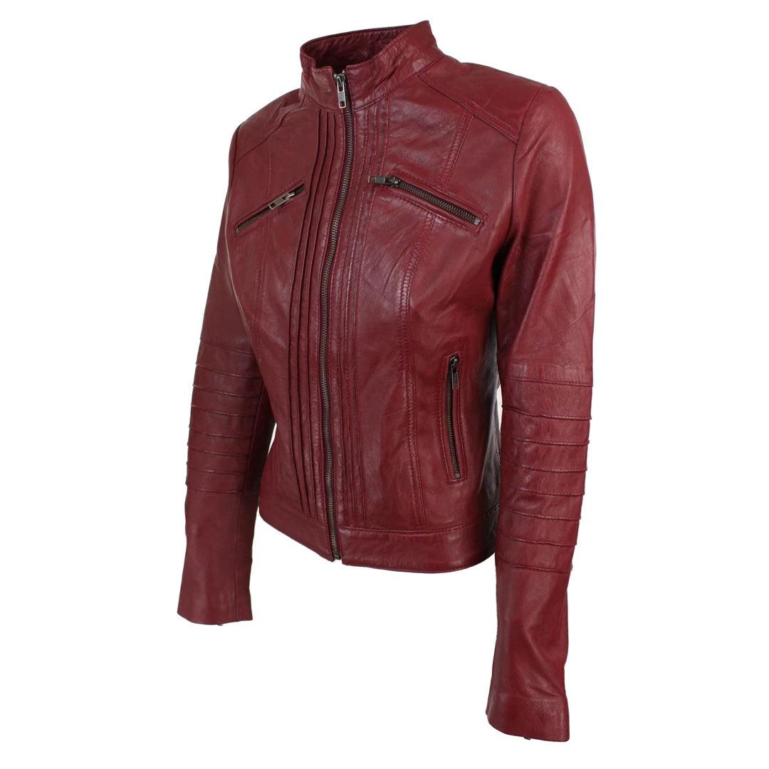 Ladies Biker Jacket Vintage Real Leather Zipped Fit Nehru Collar Japanese Style - Knighthood Store