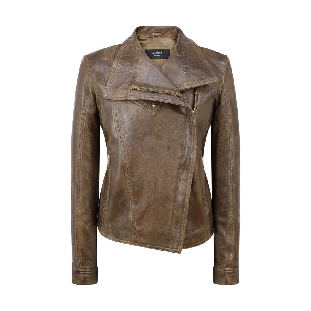 Womens Cross Zip Vintage Brown Biker Jacket retro Washed Soft Smart Casual - Knighthood Store