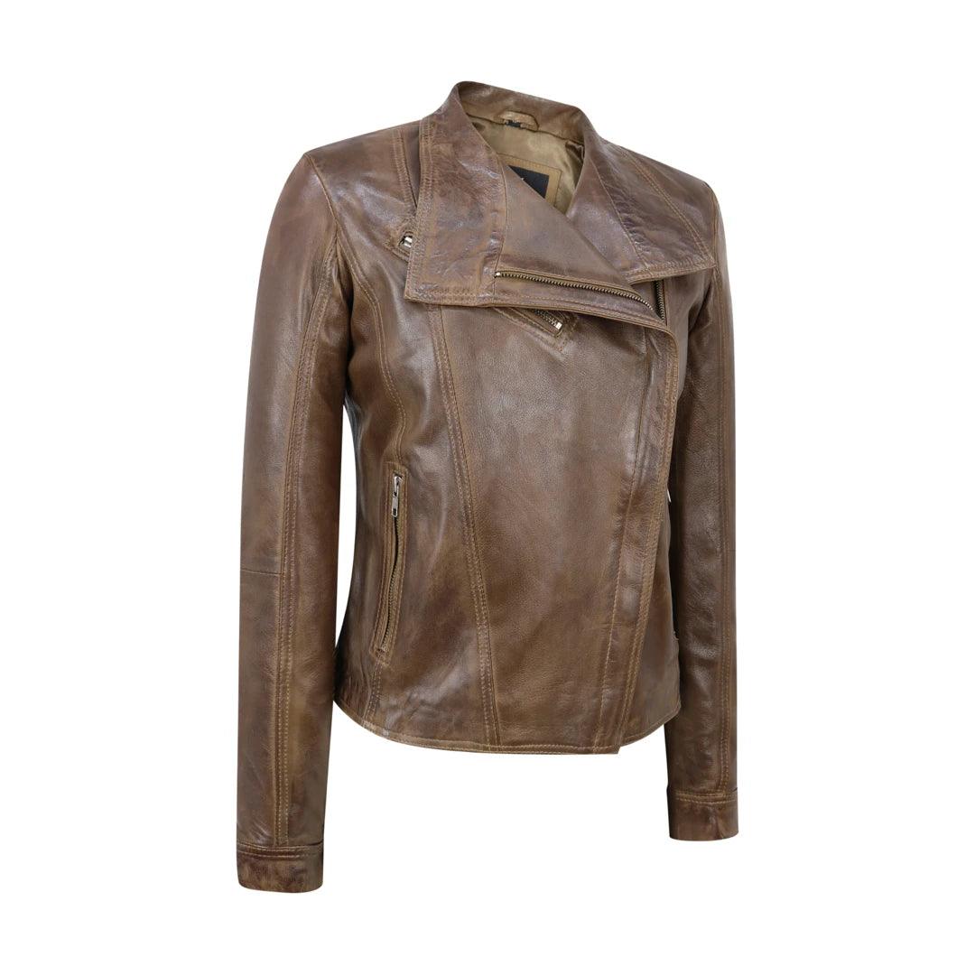 Womens Cross Zip Vintage Brown Biker Jacket retro Washed Soft Smart Casual - Knighthood Store