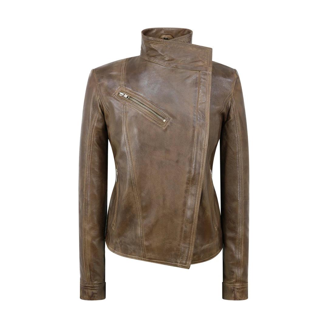 Womens Cross Zip Vintage Brown Biker Jacket retro Washed Soft Smart Casual - Knighthood Store