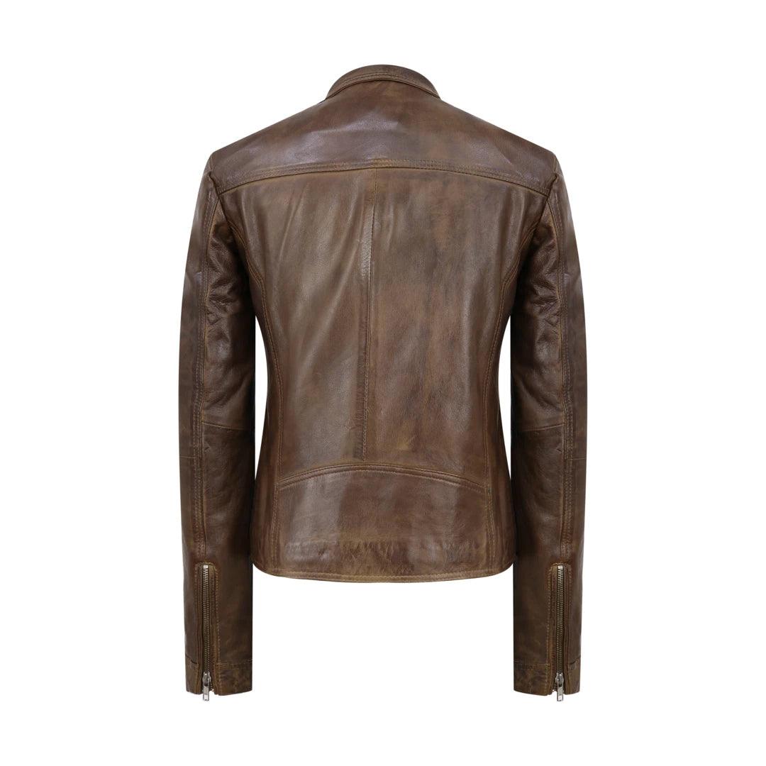 Womens Cross Zip Vintage Brown Biker Jacket retro Washed Soft Smart Casual - Knighthood Store