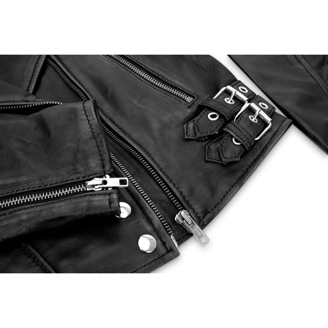 Womens Short Real Leather Jacket Cross Zip Biker Slim Fit Brando Soft Classic - Knighthood Store