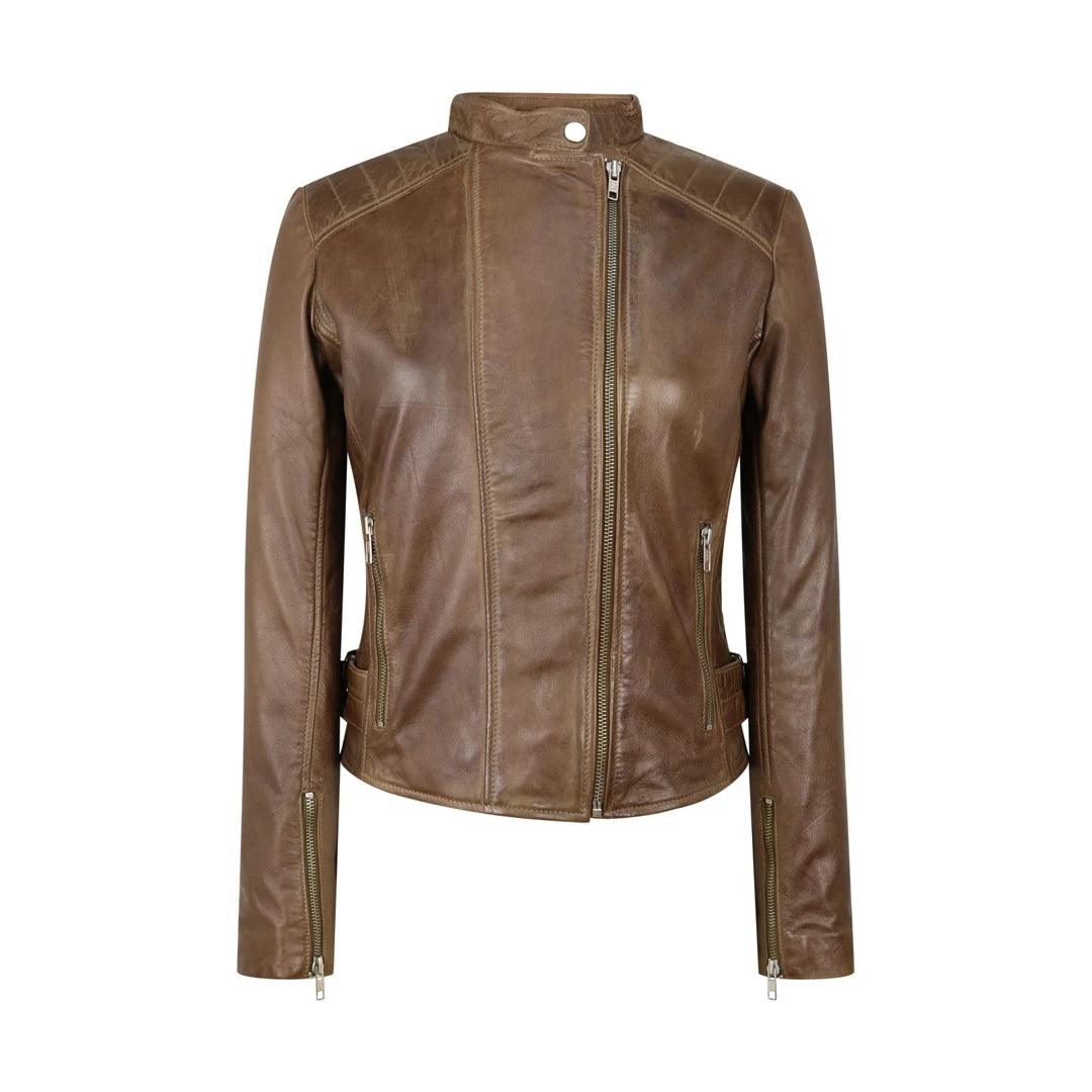 Ladies Real Leather Jacket Cross Zip Brando Nehru Collarless Soft Slim Fit - Knighthood Store