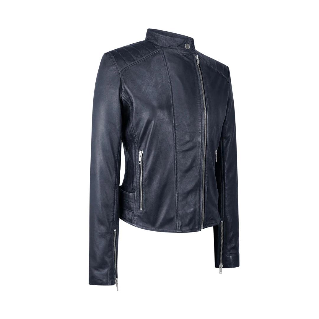 Ladies Real Leather Jacket Cross Zip Brando Nehru Collarless Soft Slim Fit - Knighthood Store