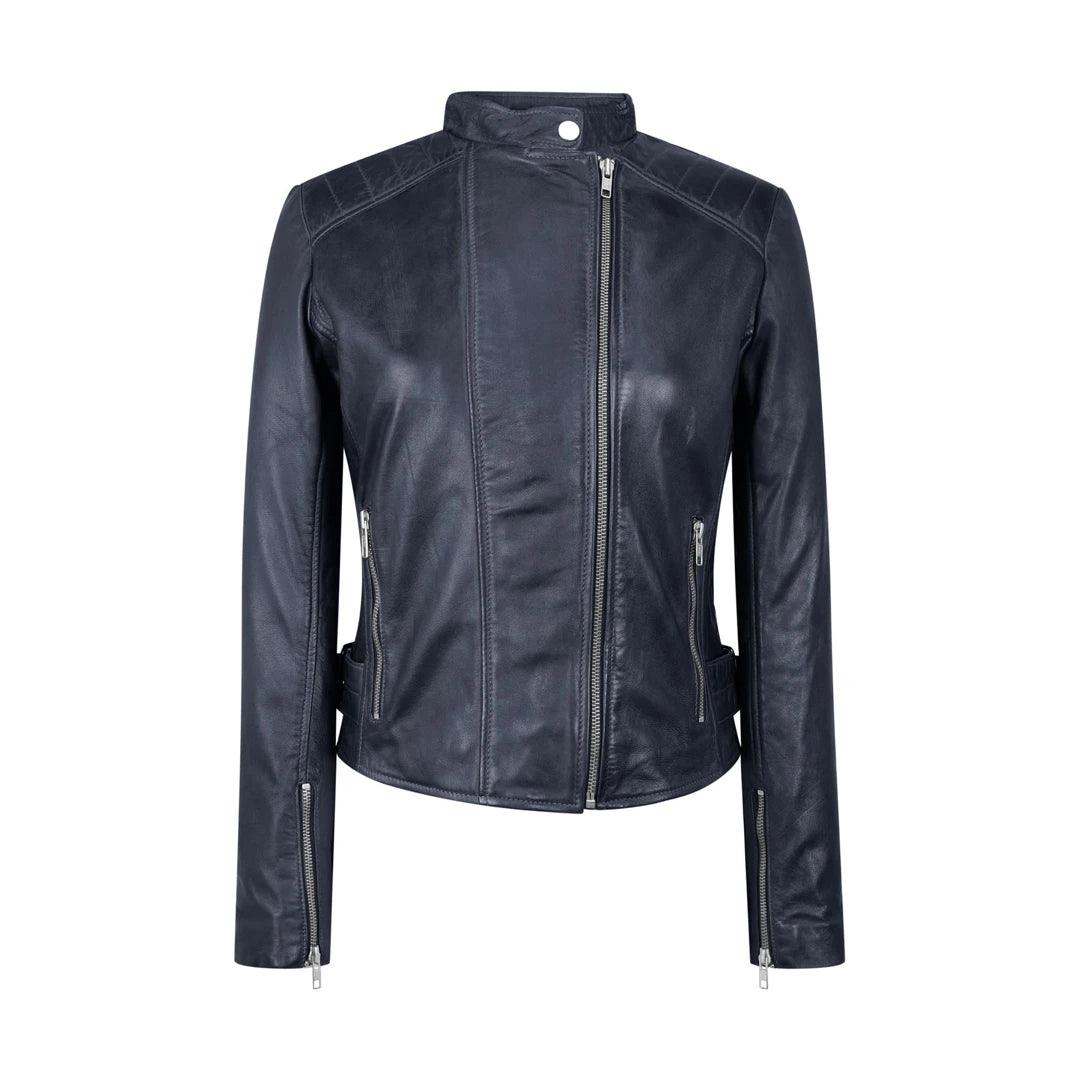 Ladies Real Leather Jacket Cross Zip Brando Nehru Collarless Soft Slim Fit - Knighthood Store