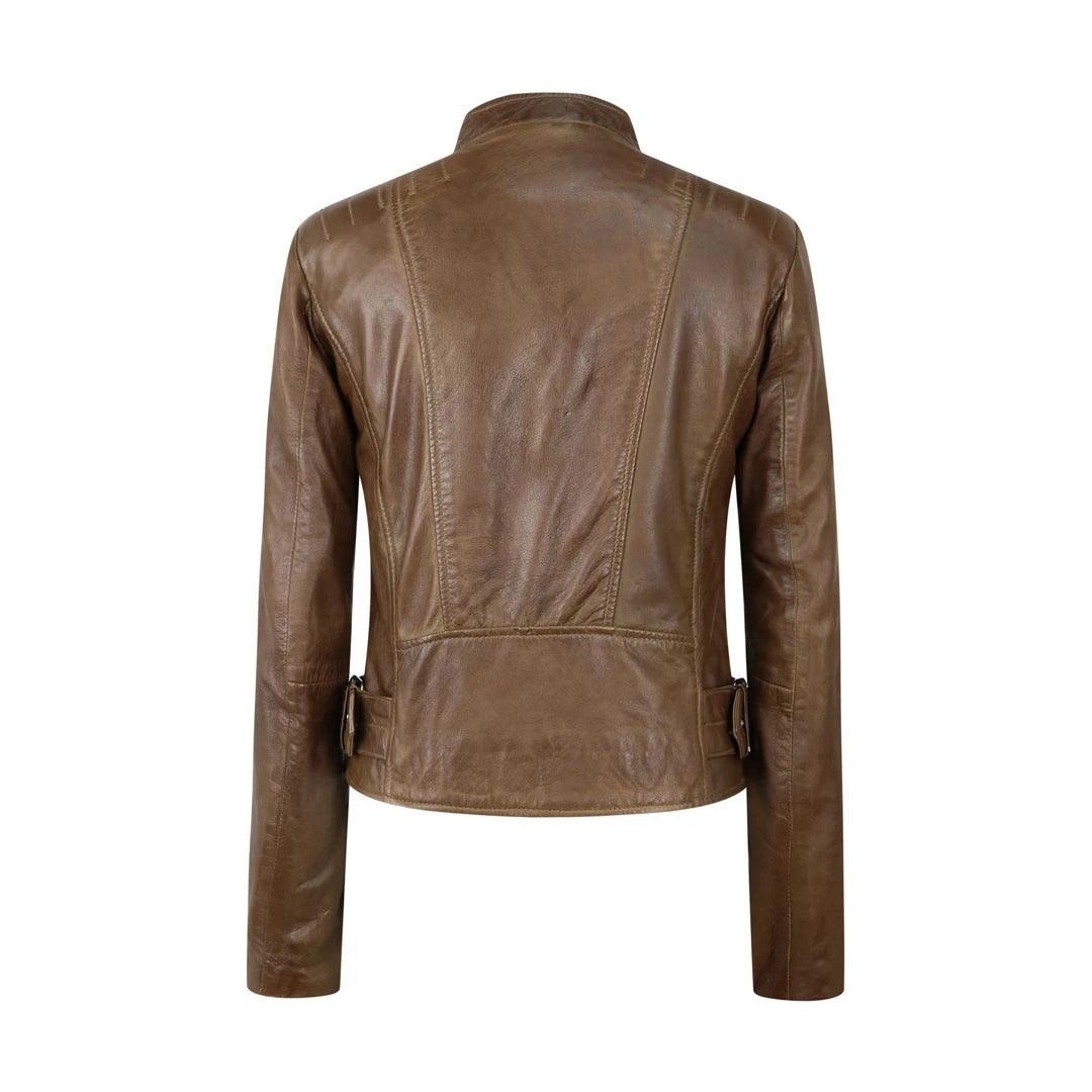 Ladies Real Leather Jacket Cross Zip Brando Nehru Collarless Soft Slim Fit - Knighthood Store