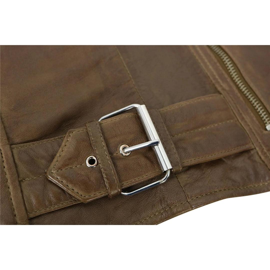 Ladies Real Leather Jacket Cross Zip Brando Nehru Collarless Soft Slim Fit - Knighthood Store