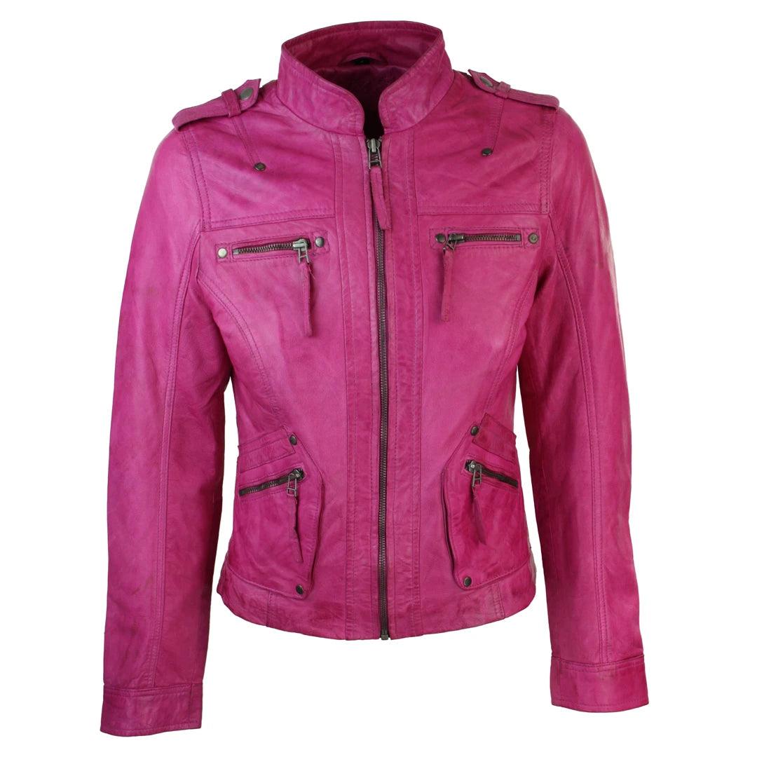 Ladies Women Genuine Real Leather Slim Fit Yellow Green Pink Biker Jacket - Knighthood Store