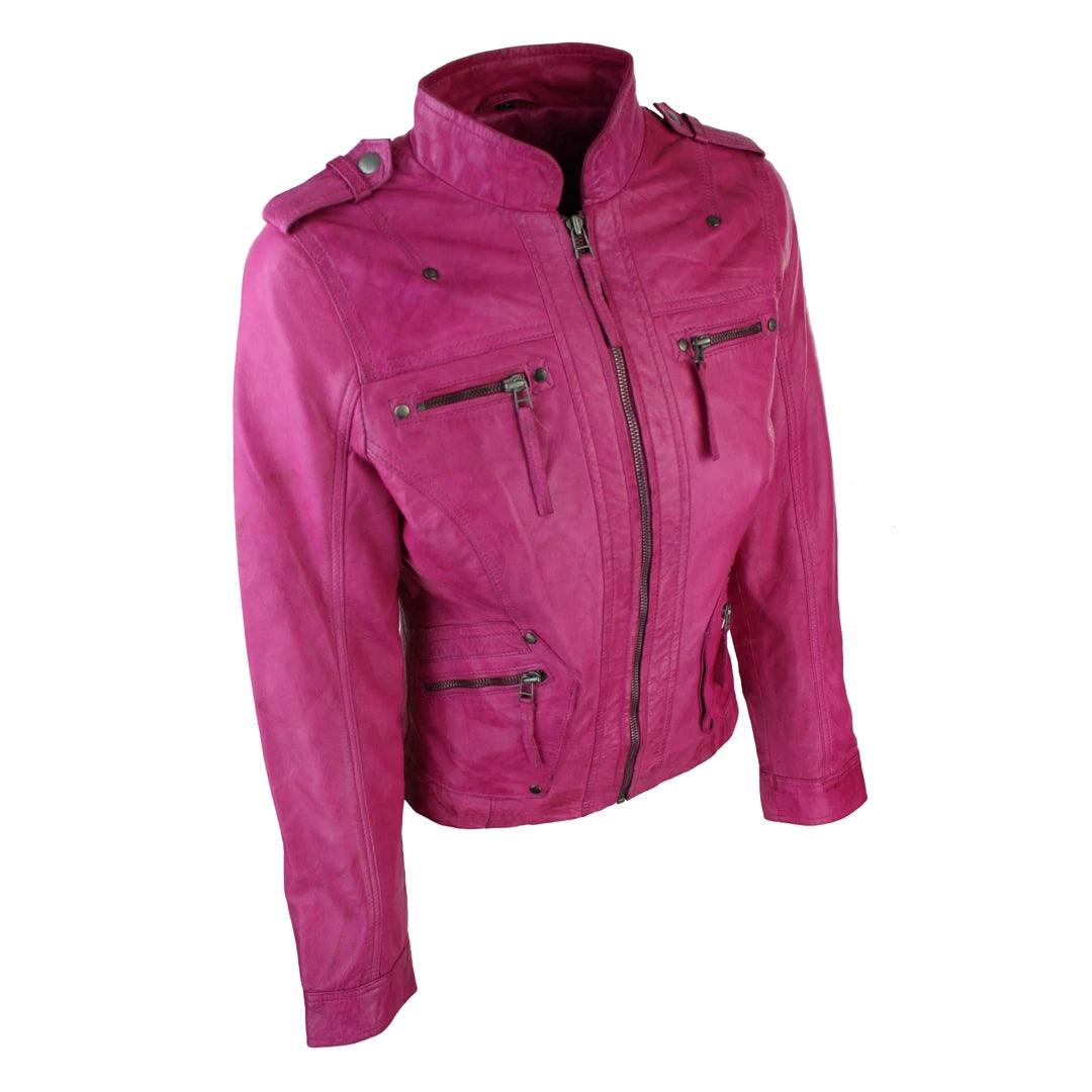 Ladies Women Genuine Real Leather Slim Fit Yellow Green Pink Biker Jacket - Knighthood Store