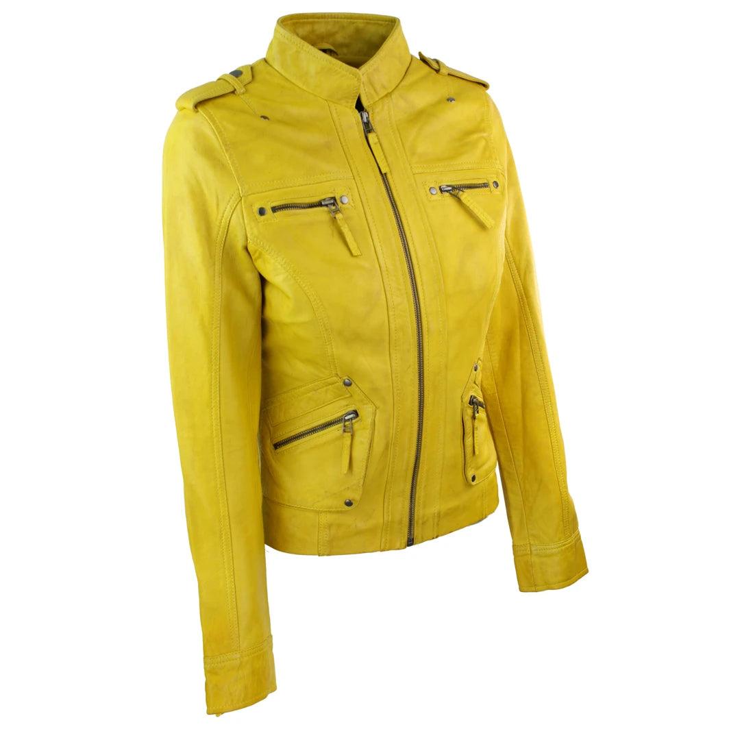 Ladies Women Genuine Real Leather Slim Fit Yellow Green Pink Biker Jacket - Knighthood Store